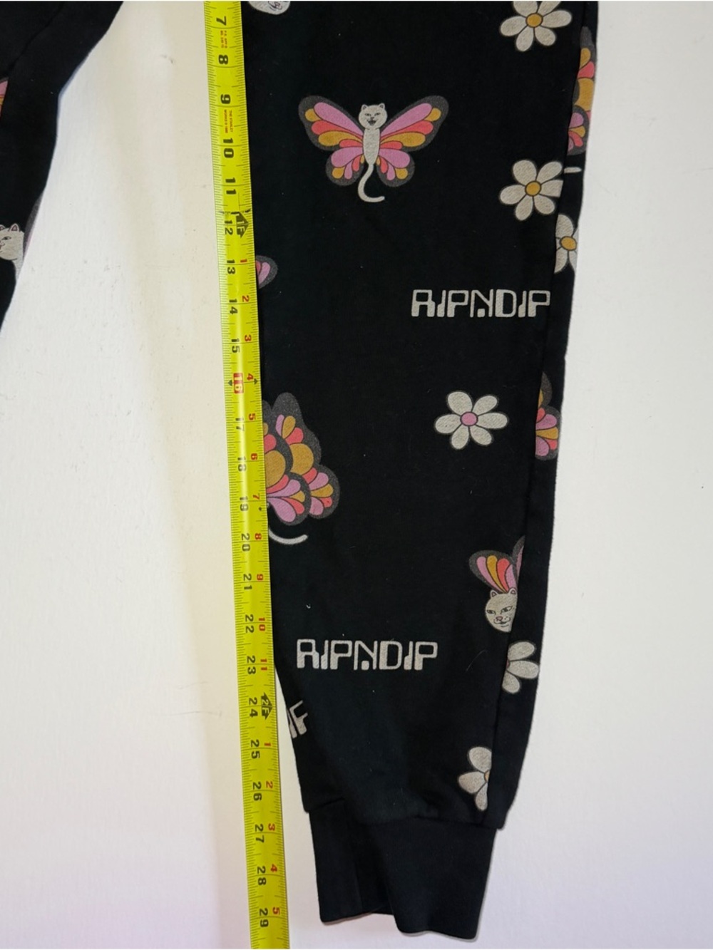 Ripndip Black Sweatpants with Pink & Yellow Butterfly Cat and White Daisy Print - Picture 5 of 9